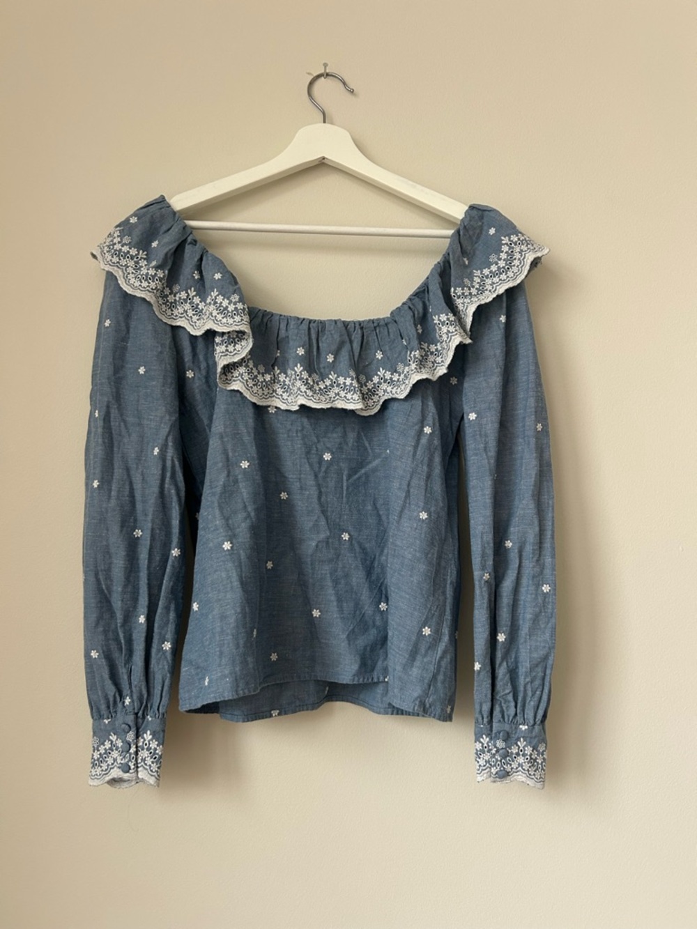 Sezane Francesca Chambray Blouse Blue White Embroidered Off Shoulder Ruffle Top - Picture 7 of 12